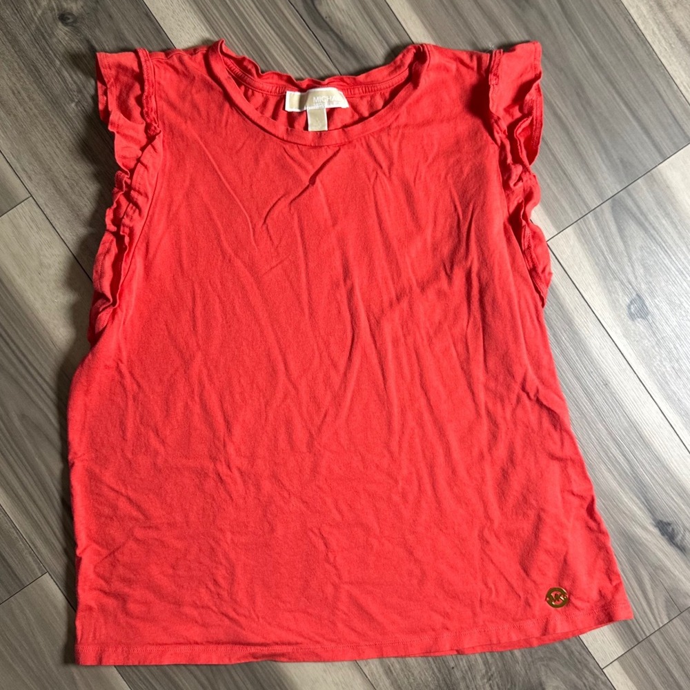 Michael Kors Womens Ruffle Sleeve Top Coral Red Gold Logo Knit Shirt Large